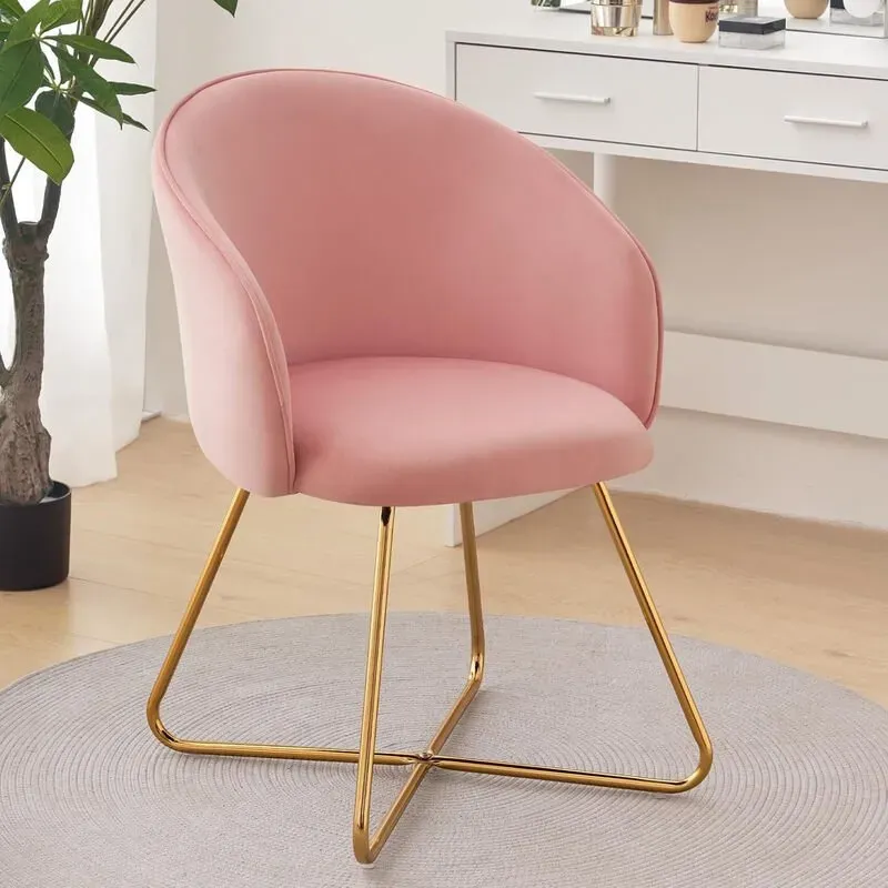 Hallove Toilettentischstuhl mit goldenen Metallbeinen, Samtrosa bequemer Toilettentischstuhl, einfacher moderner Sessel mit Armlehnen und Rückenlehne, Sessel, gepolsterter Make-up-Stuhl für das Badezimmer, Wohnzimmer