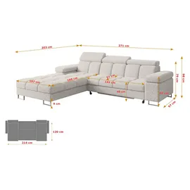 altdecor Ecksofa Cord mit Schlaffunktion 2-Sitzer Creme