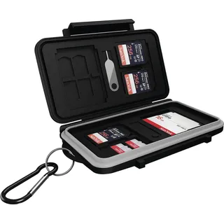 ICY BOX SD Karten Aufbewahrung für 28 Speicherkarten (8X SD, 16x Micro-SD, 4X CF), Klippverschluss, Case mit Karabinerhaken, schwarz