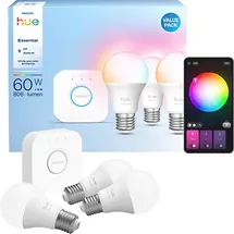 Philips Hue Essential Starter Kit Hue Bridge + 3 x Essential E27 smarte Lampe + Dimmer Switch