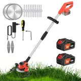 Rasentrimmer mit Akku, 21V Rasenkantenschneider mit 6000mAh Akku, Elektro-Trimmer Gartenkantenfräser mit 3 Arten Klingen für Garten und Hof (Orange mit 2 Akkus)
