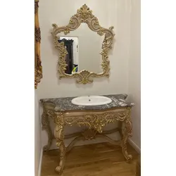 Casa Padrino Barock Badezimmer Set Grau / Gold - 1 Waschtisch & 1 Keramik Waschbecken & 1 Wandspiegel - Badezimmer Möbel im Barockstil - Barock Möbel - Barock Einrichtung