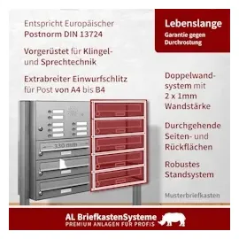 AL Briefkastensysteme 5 Fächer Premium Edelstahl Stand Briefkasten Anlage mit Klingeln, Post A4, modern, robust, wetterfest, Artikelnummer: 132V5S1KS