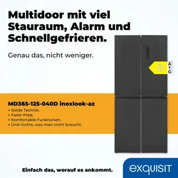 Exquisit Multidoor MD365-125-040D inoxlook-az | No-Frost | Nutzinhalt: 362 L | Schnellgefrieren | Alarm | ECO | 4-Sterne-Gefrieren