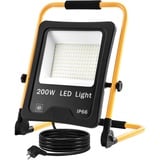 Aufun 200W LED Strahler Tragbar mit Stecker, LED Baustrahler mit 3m Netzkabel, Baulampe mit Klappbügel einstellbar Fluter Flutlicht, IP66 Wasserdicht für Baustelle, Werkstatt, Garage, Warmweiß