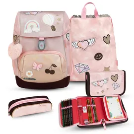 Belmil Premium ergonomischer Schulranzen Set 5 -teilig für Mädchen Für kleine Kinder, Erstklässler/Brustgurt, Hüftgurt/Magnetverschluss/Rosa (...