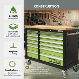 Trutzholm Werkstattwagen 12 Schubladen Stahl Grün/Schwarz leer mit massiver Arbeitsplatte