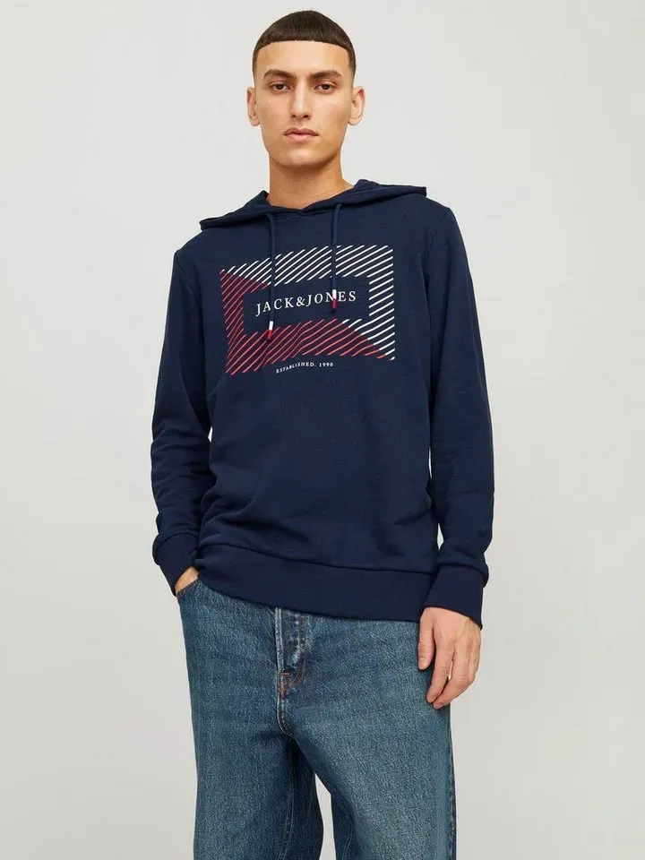 Jack & Jones Hoodie JJCYRUS SWEAT HOOD: Komfortable Baumwollmischung mit coolem Gummidruck (Lässiger Hoodie: Basic Schnitt & peppiger Aufdruck) Vielseitiges Sweatshirt: Angenehme Sweatware blau XS