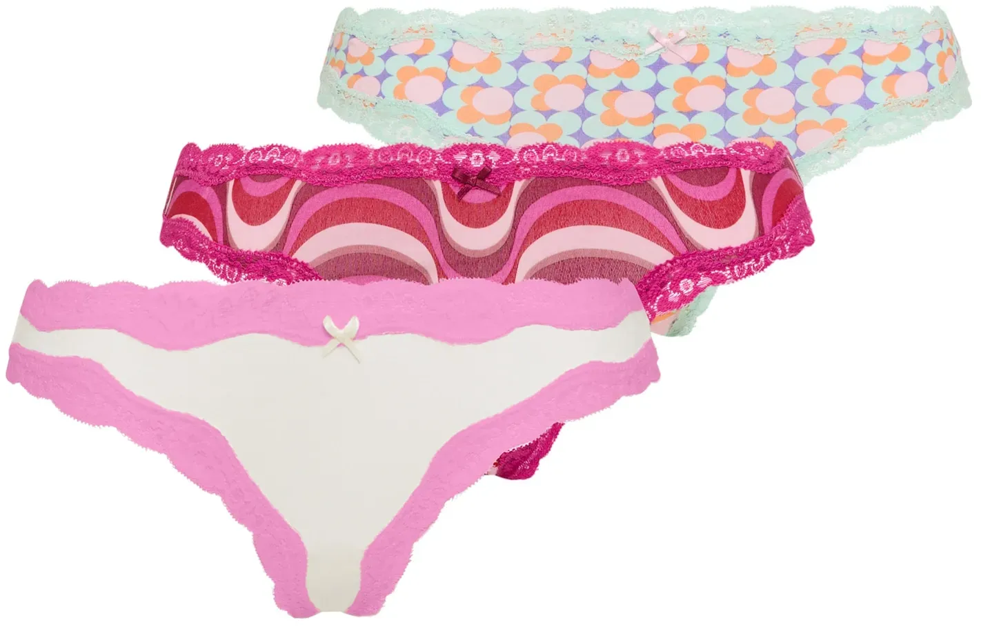 String LSCN BY LASCANA, Damen, Gr. 32/34, bunt (mint, pink, creme), Jersey, Obermaterial: 95% Modal, 5% Elasthan. Spitze: 90% Polyamid, 10% Elasthan, bedruckt, Unterhosen String, mit hochwertiger Spitze abgesetzt