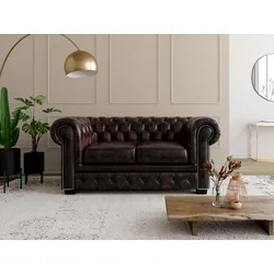 Chesterfield Ledersofa 2-Sitzer - Büffelleder - Braun - BRENTON
