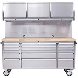 Werkstatt mit Lochwand und Schrank 198 cm Edelstahl, rollbar