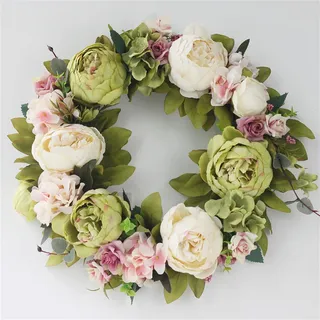 40 cm Türkranz Frühling, Künstlicher Pfingstrosenkranz, Dekorative Kränze, Wandkranz, für Frühlings-Sommer-Osterdekoration, Zuhause, Parties, Türen, Hochzeiten (Grün Weiß)