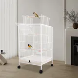 Metall Birdcage Voliere Vogelkäfig, Papageienkäfig kann Öffnung nach Oben, Käfig mit Rädern, Futternapf und Tablett, für Papageien, Spatzen, und Verschiedene Kleine oder Mittelgroße Vögel (Weiß)