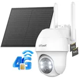 ieGeek Überwachungskamera 4G LTE Überwachungskamera Aussen mit SIM Karte&32&64G Speicherkarte (Aussen, Außenbereich, Wald, Farm, Campingbus, Straße, 3MP Solar PTZ IP Kamera Outdoor mit 100% kabellos Solar Kamera, 2K Farb/IR Nachtsicht 360° PTZ PIR Erkennung 2-Wege-Audio Wasserdicht, Ohne WLAN 4x Digitalzoom Teilen Sie die Ansicht Mehrere Alarme) weiß