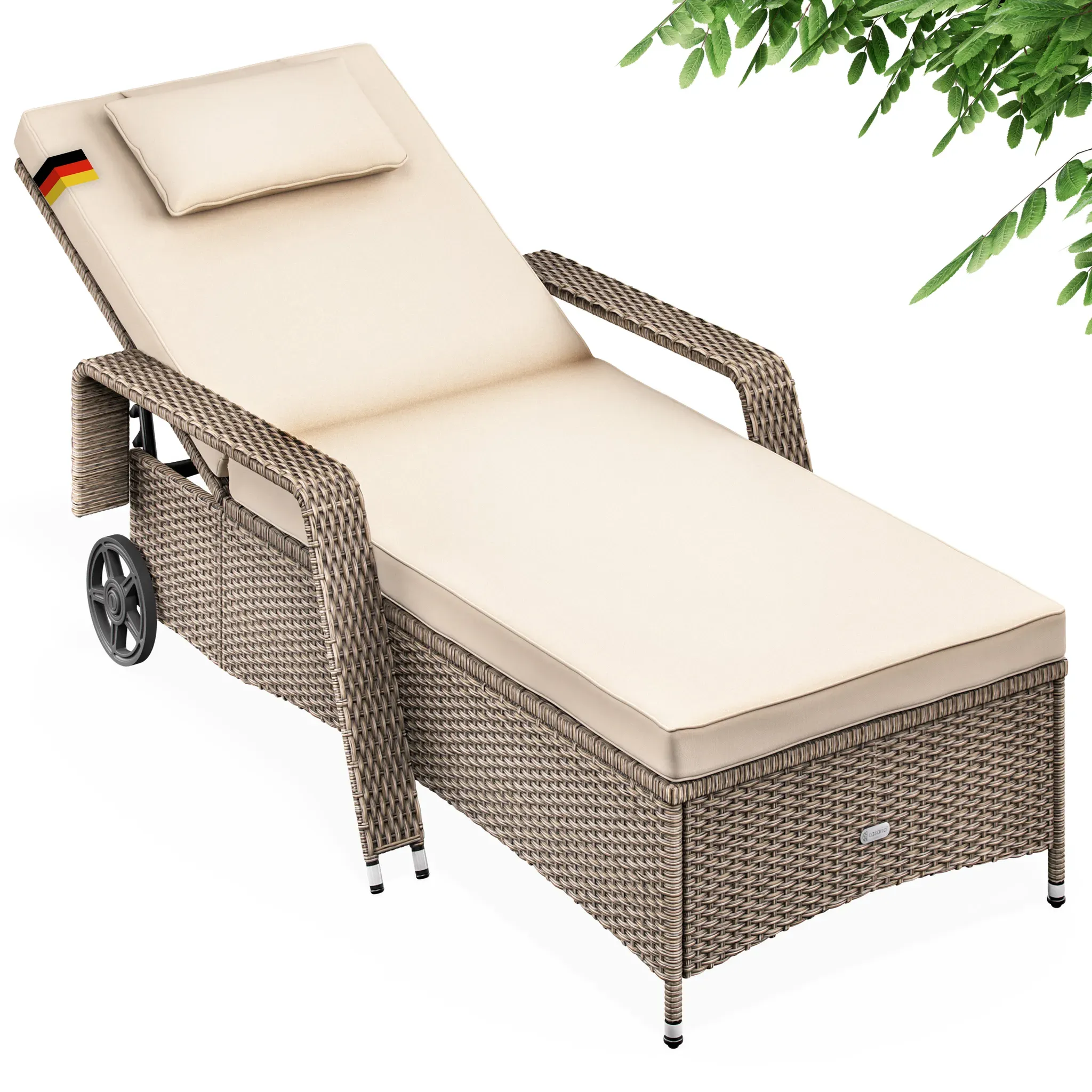 Poly Rattan Sun Lounger Cream/Cream 193x90x43cm with Wheels