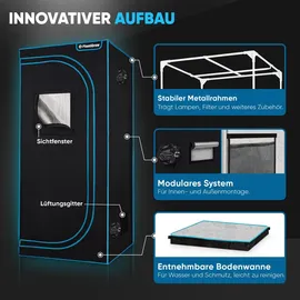 plantigrow Growbox Komplettset 150W LED Vollspektrum Dimmbar, Carbon-Filter, Ventilator, 80 x 80 x 180 cm Schwarz