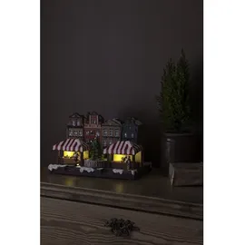 Konstsmide LED Fiberoptikhaus mit Stadtszene und Weihnachtsbaum, mehrfarbig, 31,5 x 23 x 23,5 cm