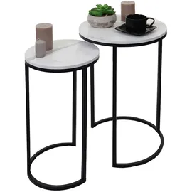 Mendler 2er-Set Beistelltisch HWC-K46, Kaffeetisch Nachttisch Loungetisch, Marmor-Optik MDF ~ weiß-schwarz