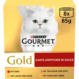 Gourmet Gold Zarte Häppchen in Sauce mit Rind, Truthahn & Ente, Huhn & Leber, Lachs & Huhn