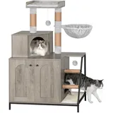 Hzuaneri Kratzbaum mit Katzenklo-Schrank, Katzenschrank, 4-in-1 Modernes Katzenhaus mit Großer Plattform, Katzenhaus mit Sisal-Kratzmatte, Pfosten, Treppe und Pompom, Waschbare Kissen, Greige CB81005B