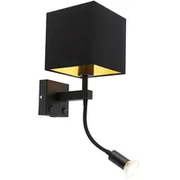 QAZQA Moderne Wandleuchte schwarz mit USB und quadratischem Schwarzschirm