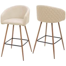 Mendler 2er-Set Barhocker HWC-D72, Barstuhl Tresenhocker Küchenhocker mit Lehne, Metall Holzoptik ~ Stoff/Textil, creme-beige