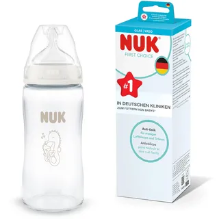 NUK First Choice Babyflasche | 3+ Monate | 240 ml | Anti-Kolik-Babyflasche | Babyflaschen Glas | Temperature Control Anzeige | Seepferdchen | 1 Stück