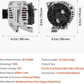 Vevor Autolichtmaschine 11185, für Chevrolet Impala LS, LT 3,5 l 2006–2011, Impala LTZ 3,9 l 2009–2010, Monte Carlo V6 2006–2007, Kfz-Ersatzlichtmaschine 0124425102, 0124425032, 10335497