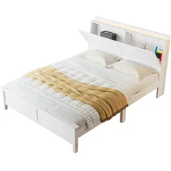 Merax Massivholzbett Doppelbett 140x200cm mit LED und Stauraum am Kopfteil, Weiß