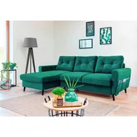 MIUFORM Lars Velours - Ecksofa mit Bettfunktion und Bettkasten - 223x148cm - Flaschengrün - L-Form Links - Schlafsofa Couch - Grün