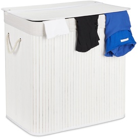 Relaxdays Wäschekorb, mit 3 Fächern, mit Deckel, rechteckiger Wäschesammler, HBT: 62 x 62,5 x 42,5 cm, aus Bambus, weiß