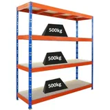 Proregal Profi Schwerlastregal Rhino HxBxT 200x200x60cm 4 Spanplatten-Ebenen 16mm Fachlast 500kg Blau/Orange Stecksystem Lagerregal, Steckregal,