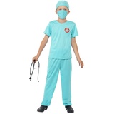 Smiffys 41090S Kinder Chirurg Kostüm, Oberteil, Hose, Mütze, Maske und Stethoskop, Größe: S, 41090, Blau