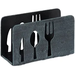 Relaxdays Serviettenhalter, für 33x33 Servietten, schwer, mit Besteck Motiv, Gusseisen, Gastro, Serviettenständer, grau