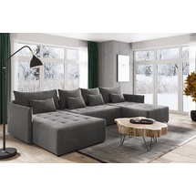 Sofnet Wohnlandschaft Leno U mit Schlaffunktion - U-Form Couch, Ecksofa mit Bettkasten, Couchgranitur mit Bettfunktion, Schlafsofa, Big Sofa - Velours Sto... - Dunkelgrau