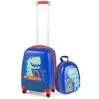 GOPLUS Kinderkoffer mit Rucksack, Kids Trolley, Kindergepäck mit Rollen, Reisekoffer mit Teleskopgriff, Hartschalenkoffer für Kinder, Kindertrolley Farbwahl (Dinosaurier, 12"+18")