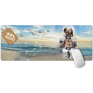 PR Print Royal Großes Mousepad mit Foto selbst gestalten - Urlaub-Fotocollage mit 3 Fotos - Strand und Meer - XXL Mousepad Bedrucken, Geschenke für Freunde | Schreibtischunterlagen, 800 x 300 mm