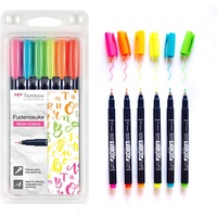 Tombow WS-BH-6P Brush Pen Fudenosuke Neon 6er-Set, harte Spitze, pink, yellow, green, orange, red, blue
