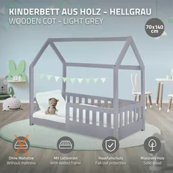 Kinderbett Kiefernholz Kinderhaus Rausfallschutz Bett Holz Grau 70x140 cm