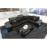 Sofa Dreams Ecksofa Ledercouch Ledersofa Bergamo L Form Leder Sofa, Couch, mit LED, wahlweise mit Bettfunktion als Schlafsofa, Designersofa grau|schwarz