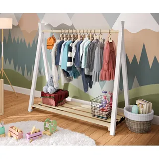bellabino Ryck Kleiderstange für Kinder – Kleiderständer aus Kiefer Massivholz in Natur/Weiß – Montessori Kindergarderobe für Jungen & Mädchen – Garderobe mit Schuhablage für Kinderzimmer