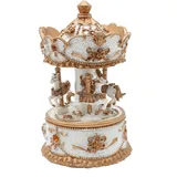 Dekohelden24 Spieluhr als Karussell mit Sound, aus Poly in Weiß-Gold mit orangefarbenen Steinen, Größe L/B/H 14 x 8 x 14 cm