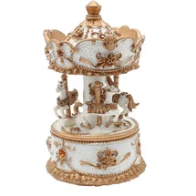 Dekohelden24 Spieluhr als Karussell mit Sound, aus Poly in Weiß-Gold mit orangefarbenen Steinen, Größe L/B/H 14 x 8 x 14 cm