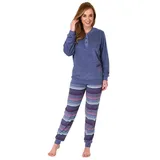 Normann Pyjama Damen Frottee Pyjama lang mit Bündchen Hose gestreift blau 44-46