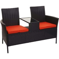 Mendler Poly-Rattan Sitzbank mit Tisch HWC-E24, Gartenbank Sitzgruppe Gartensofa, 132cm ~ schwarz, Kissen terrakotta