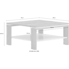 PLACES OF STYLE "Stela", weiß (tobaco oak, crystal weiß hochglanz, tobaco oak holz dekor), B:90cm H:44,6cm T:88cm, Tische, Couchtisch, mit Ablageboden UV-lackiert weiß Hochglanz