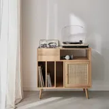 sweeek Schallplattenschrank mit Rohrgeflecht und Holzdekor Bohème, 1 Tür und 4 Fächer