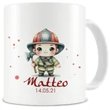 Samunshi® Kindertasse mit Namen Tasse mit Kleiner Feuerwehrmann Personalisierte Tasse mit Namen Kinder Kinderbecher mit Namen für Kindergarten oder Geburtstag weiß 300ml