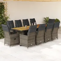 vidaXL 11-tlg. Garten-Bistro-Set mit Kissen Grau Poly Rattan