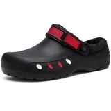 FLIOZY Herren Winter Clogs Gefüttert Warm Wasserdicht rutschfest Hausschuhe mit Verstellbarem Riemen – Bequeme Fleece Garten & Arbeitsschuhe für Innen und Außen Black Red 48 - 48 EU